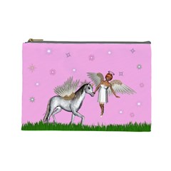 Unicorn And Fairy In A Grass Field And Sparkles Cosmetic Bag (large) by goldenjackal