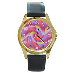 Colored Swirls Round Leather Watch (gold Rim)  by Colorfulart23