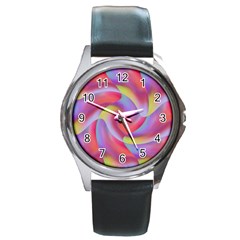 Colored Swirls Round Leather Watch (silver Rim) by Colorfulart23