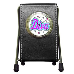  Pink Diva Stationery Holder Clock by Colorfulart23