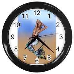 Sexy Mermaid On Beach Wall Clock (black) by goldenjackal