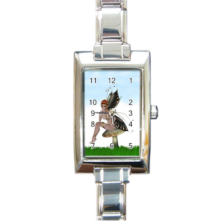 Fairy Sitting On A Mushroom Rectangular Italian Charm Watch