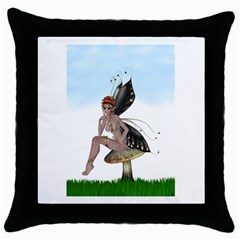 Fairy Sitting On A Mushroom Black Throw Pillow Case by goldenjackal