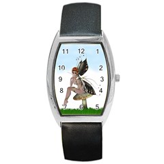 Fairy Sitting On A Mushroom Tonneau Leather Watch by goldenjackal