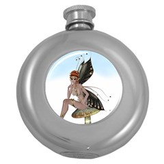 Fairy Sitting On A Mushroom Hip Flask (round) by goldenjackal