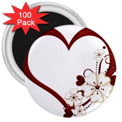 Red Love Heart With Flowers Romantic Valentine Birthday 3  Button Magnet (100 Pack) by goldenjackal
