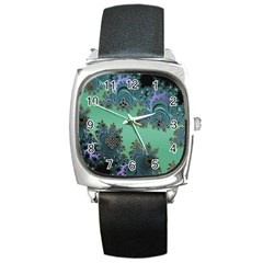 Celtic Symbolic Fractal Design In Green Square Leather Watch by UROCKtheWorldDesign