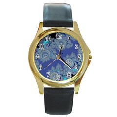 Blue Metallic Celtic Fractal Round Leather Watch (gold Rim) 