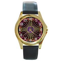 Hot Lavender Celtic Fractal Framed Mandala Round Leather Watch (gold Rim)  by UROCKtheWorldDesign