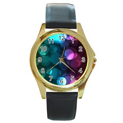 Deep Bubble Art Round Leather Watch (gold Rim)  by Colorfulart23