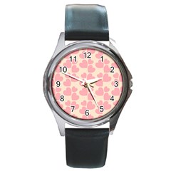 Cream And Salmon Hearts Round Leather Watch (silver Rim)