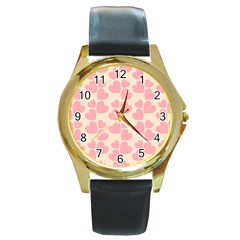 Cream And Salmon Hearts Round Leather Watch (gold Rim)  by Colorfulart23