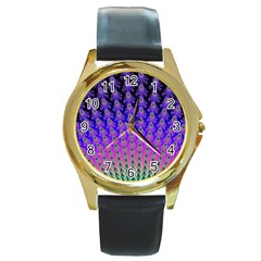 Rainbow Fan Round Leather Watch (gold Rim)  by UROCKtheWorldDesign