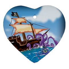 Pirate Ship Attacked By Giant Squid Cartoon Heart Ornament by NickGreenaway