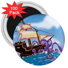 Pirate Ship Attacked By Giant Squid Cartoon 3  Button Magnet (100 Pack) by NickGreenaway
