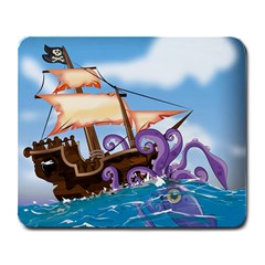 Pirate Ship Attacked By Giant Squid Cartoon Large Mouse Pad (rectangle)