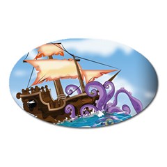 Pirate Ship Attacked By Giant Squid Cartoon Magnet (oval) by NickGreenaway