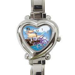 Pirate Ship Attacked By Giant Squid Cartoon Heart Italian Charm Watch  by NickGreenaway