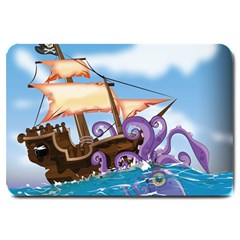 Pirate Ship Attacked By Giant Squid Cartoon Large Door Mat by NickGreenaway