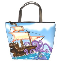 Pirate Ship Attacked By Giant Squid Cartoon Bucket Handbag by NickGreenaway