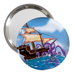 Pirate Ship Attacked By Giant Squid Cartoon 3  Handbag Mirror