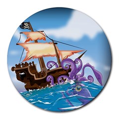 Piratepirate Ship Attacked By Giant Squid  8  Mouse Pad (round) by NickGreenaway