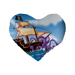 Piratepirate Ship Attacked By Giant Squid  16  Premium Heart Shape Cushion  by NickGreenaway