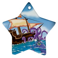 Pirate Ship Attacked By Giant Squid Cartoon  Star Ornament by NickGreenaway