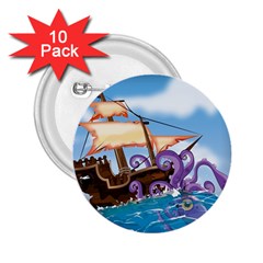 Pirate Ship Attacked By Giant Squid Cartoon  2 25  Button (10 Pack) by NickGreenaway