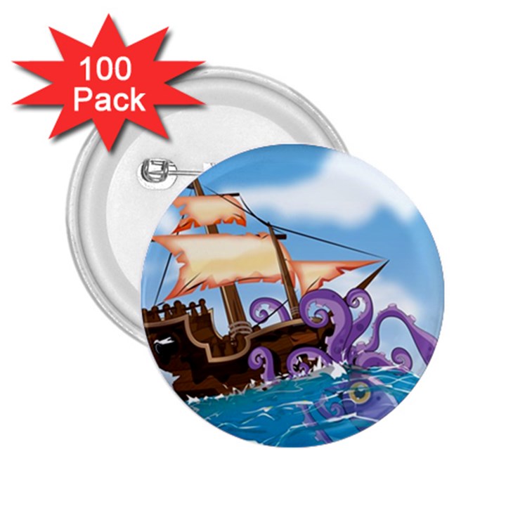 Pirate Ship Attacked By Giant Squid cartoon. 2.25  Button (100 pack)