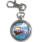 Pirate Ship Attacked By Giant Squid cartoon. Key Chain Watch Front