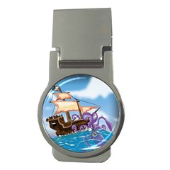 Pirate Ship Attacked By Giant Squid Cartoon  Money Clip (round)