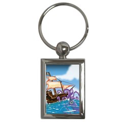 Pirate Ship Attacked By Giant Squid Cartoon  Key Chain (rectangle) by NickGreenaway