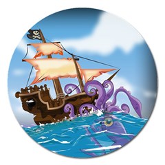 Pirate Ship Attacked By Giant Squid Cartoon  Magnet 5  (round) by NickGreenaway