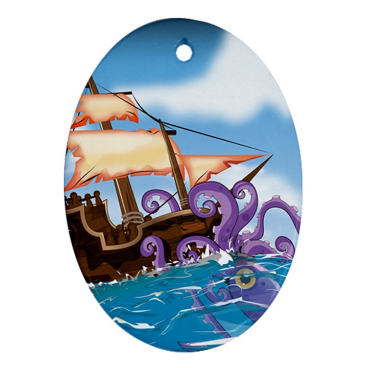 Pirate Ship Attacked By Giant Squid cartoon. Oval Ornament (Two Sides)