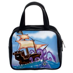 Pirate Ship Attacked By Giant Squid Cartoon  Classic Handbag (two Sides)
