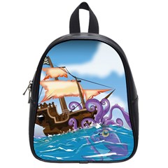 Pirate Ship Attacked By Giant Squid Cartoon  School Bag (small)