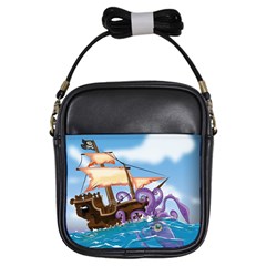 Pirate Ship Attacked By Giant Squid Cartoon  Girl s Sling Bag by NickGreenaway