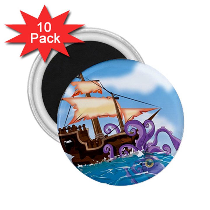 Pirate Ship Attacked By Giant Squid cartoon. 2.25  Button Magnet (10 pack)