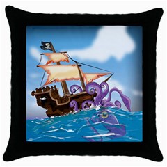 Pirate Ship Attacked By Giant Squid Cartoon  Black Throw Pillow Case