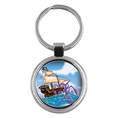 Pirate Ship Attacked By Giant Squid Cartoon  Key Chain (round)