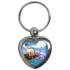Pirate Ship Attacked By Giant Squid Cartoon  Key Chain (heart) by NickGreenaway