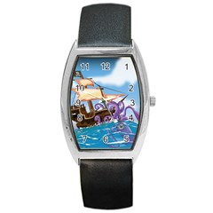 Pirate Ship Attacked By Giant Squid Cartoon  Tonneau Leather Watch by NickGreenaway