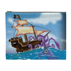 Pirate Ship Attacked By Giant Squid Cartoon  Cosmetic Bag (xl)