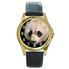 Adorable Panda Round Leather Watch (gold Rim)  by AnimalLover