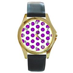 Purple And White Polka Dots Round Leather Watch (gold Rim)  by Colorfulart23