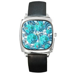 Teal Sea Forest, Abstract Underwater Ocean Square Leather Watch by DianeClancy