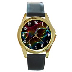 Imagine, Through The Abstract Rainbow Veil Round Leather Watch (gold Rim)  by DianeClancy