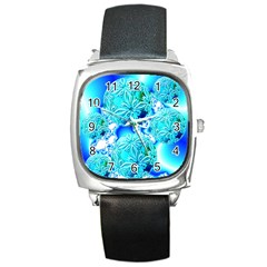 Blue Ice Crystals, Abstract Aqua Azure Cyan Square Metal Watch by DianeClancy