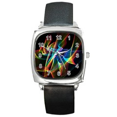 Aurora Ribbons, Abstract Rainbow Veils  Square Leather Watch by DianeClancy